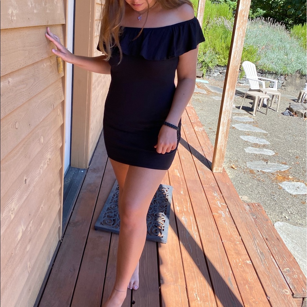 Black over the shoulder mini dress
